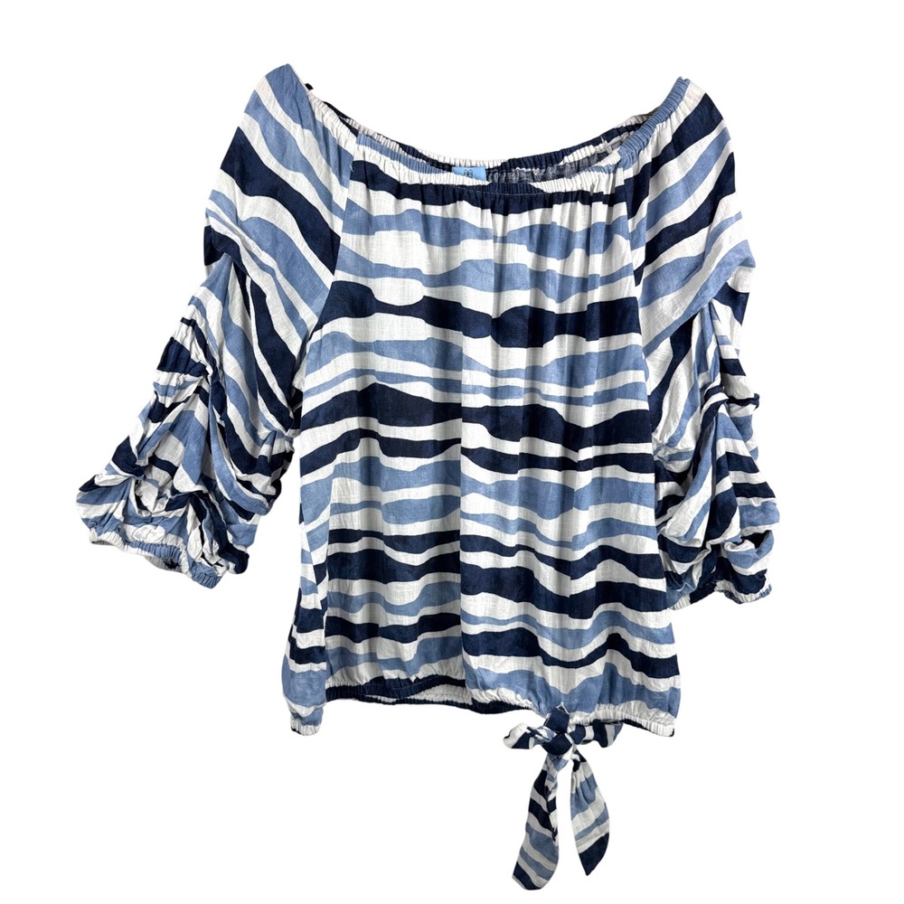 CeCe Blouse sz XL linen blend blue Striped Off Shoulder Ruffle boho beach